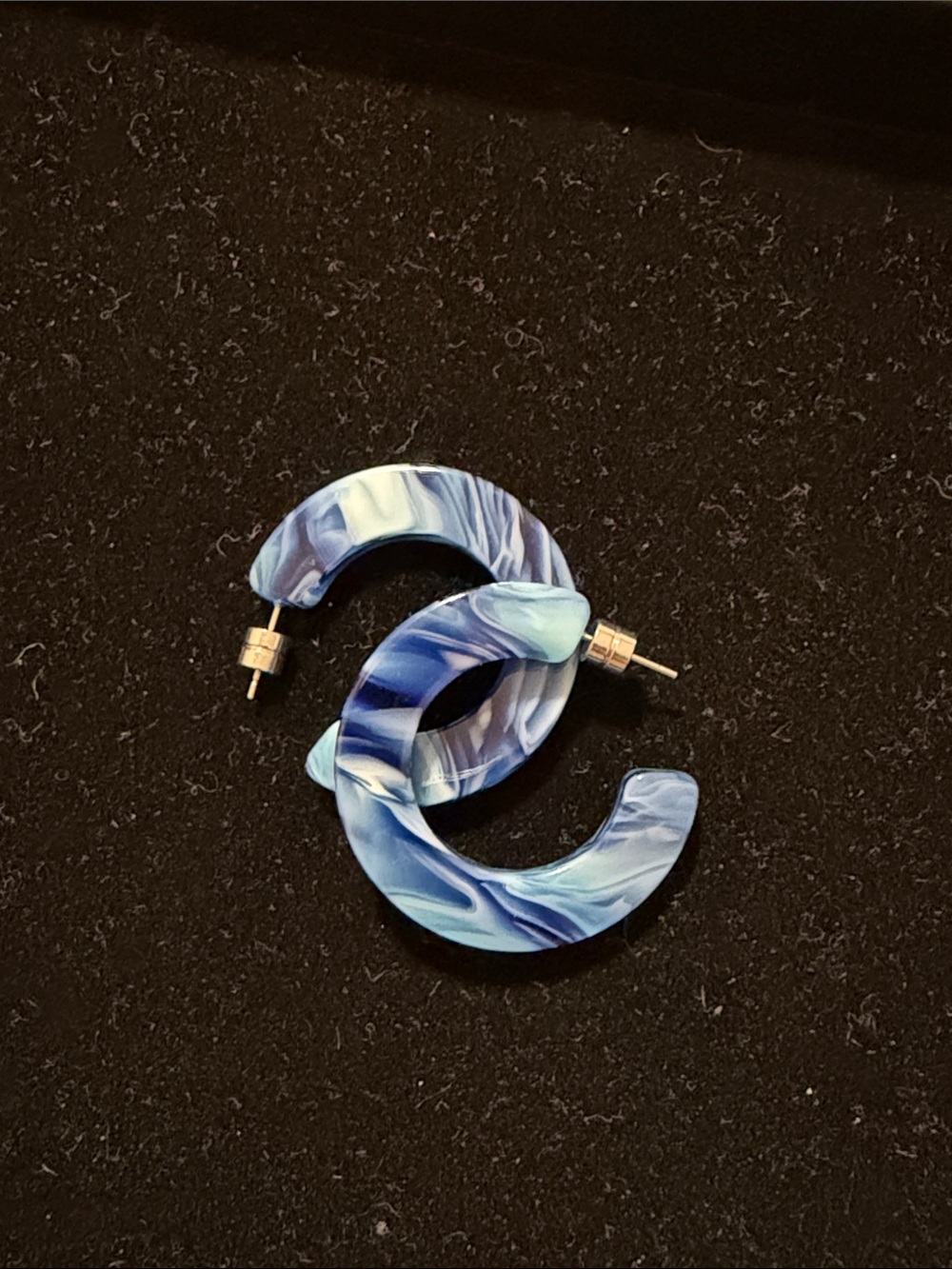 Machete “Kate” Blue Marbled Acetate Open Hoop Earrings, NWOT